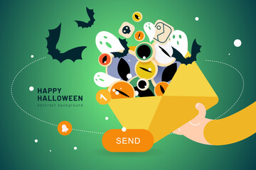 Fototapeta premium Halloween newsletter banner.Mailing vector template. Paper envelope in hand filled with spooky ghosts, eyes and bats. Template for website, mailing or print.