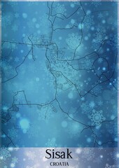 Christmas background, Chirstmas map of Sisak Croatia, greeting card on blue background.