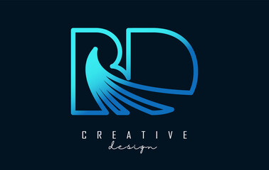 Outline blue letters BD b d logo with leading lines and road concept design. Letters with geometric design.