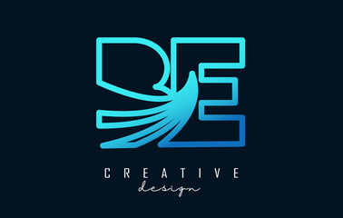 Outline blue letters BE b e logo with leading lines and road concept design. Letters with geometric design.