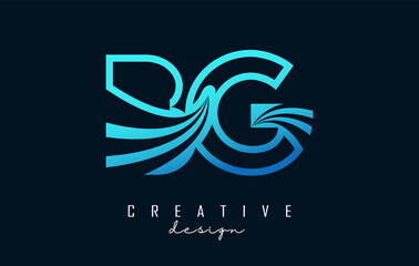 Outline blue letters BG b g logo with leading lines and road concept design. Letters with geometric design.