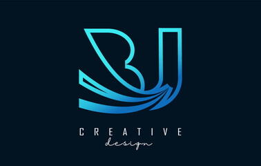 Outline blue letters Bj b j logo with leading lines and road concept design. Letters with geometric design.