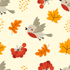 Seamless Autumn Pattern. Autumn birds, falling leaves, rowan trees. Pattern for textiles and packaging