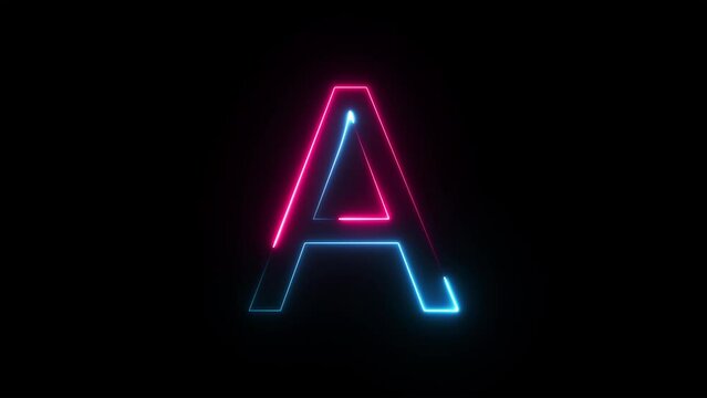Bright neon glowing light blue pink letter A. Seamless looping animation on black background