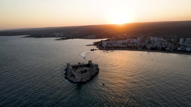 Aerial view of the maiden castle (Kiz Kalesi) in Mersin Turkey.