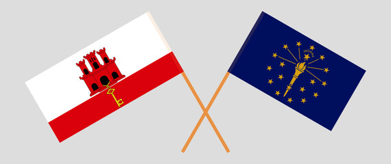 Crossed flags of Gibraltar and the State of Indiana. Official colors. Correct proportion