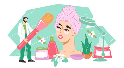 Beautician or cosmetologist professional beauty and skin care procedures. Banner for cosmetology and beauty salon, flat vector illustration isolated on white background.