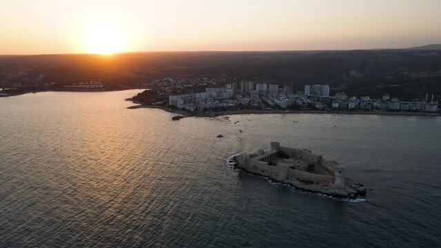 Aerial view of the maiden castle (Kiz Kalesi) in Mersin Turkey.