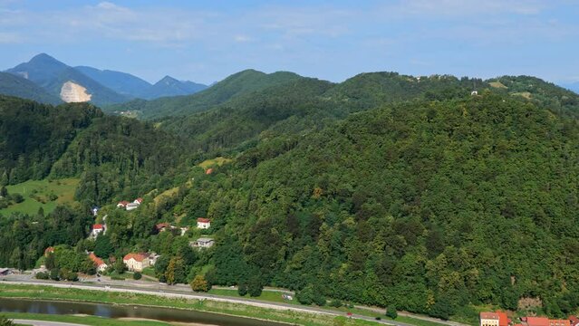 Lower Savinja Valley landscape, panning view to city of Celje, northeastern Slovenia.