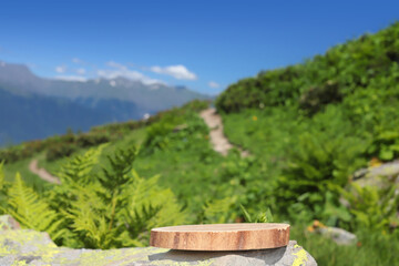 Slab Podium with a view of the mountains. The front showcase with a stage for products. A pedestal...