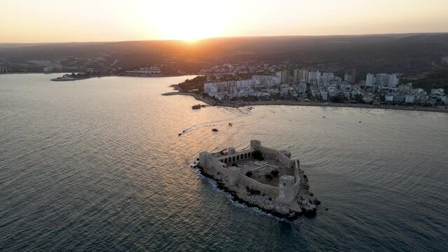 Aerial view of the maiden castle (Kiz Kalesi) in Mersin Turkey.