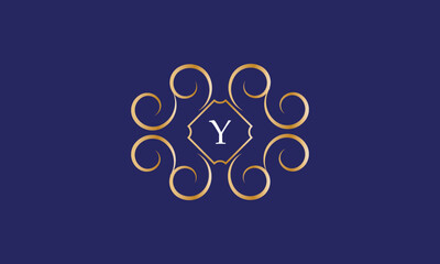 Abstract logo sign with letter Y in the center. Gold monogram on a blue background