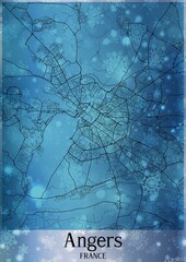 Christmas background, Chirstmas map of Angers France, greeting card on blue background.