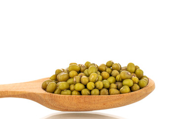 Lots of organic uncooked mung beans with wooden spoon, closeup, isolated on white background.