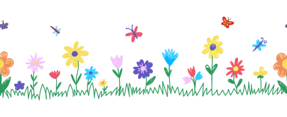 Schilderijen op glas Geschilderde Bloemen Kids painting flowers. Children hand drawing flower meadow with green grass. Crayons draw seamless border. Childish pastel lawn neoteric vector pattern  © MicroOne