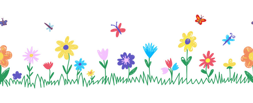 Kids painting flowers. Children hand drawing flower meadow with green grass. Crayons draw seamless border. Childish pastel lawn neoteric vector pattern