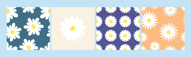 White chamomile seamless pattern and cards. Daisy flowers postcards design, floral groovy print template. Various meadow plants vector background