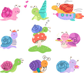 Cute cartoon snail. Gastropod shell, garden snails happy set. Wild small slug, funny insects sleep, in flight on shuttle, eating nowaday vector clipart