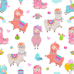 Cartoon alpaca and cacti seamless pattern. Cactus party, funny llama scandinavian fabric print. Trendy positive girly background, baby nowaday vector texture © MicroOne
