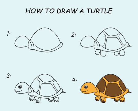 Step by step to draw a Turtle. Drawing tutorial a Turtle. Drawing lesson for children. Vector illustration	