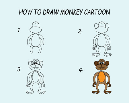Step by step to draw a Monkey. Drawing tutorial a Monkey. Drawing lesson for children. Vector illustration	