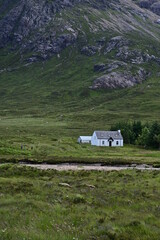Kleines weißes Haus vor einem Berg im Tal Glen Coe in den Schottischen Highlands, Glencoe, Argyll, Schottland - obrazy, fototapety, plakaty