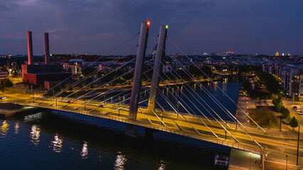 Aerial view of night city. Twilight aerial cityscape