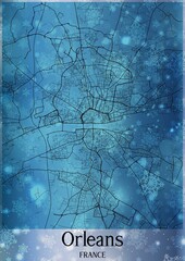 Christmas background, Chirstmas map of Orleans France, greeting card on blue background.