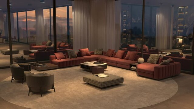 Modern classic living room interior design with decoration lighting. View sunset from window. 3d render illustration. High quality 4K footage video.