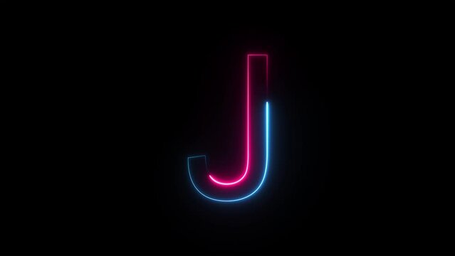 Bright neon glowing light blue pink letter J. Seamless looping animation on black background