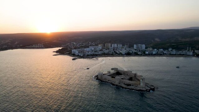 Aerial view of the maiden castle (Kiz Kalesi) in Mersin Turkey.