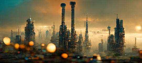 design of sunset in city with a steampunk theme   concept of future of steampunk , factory city abstract illustation design