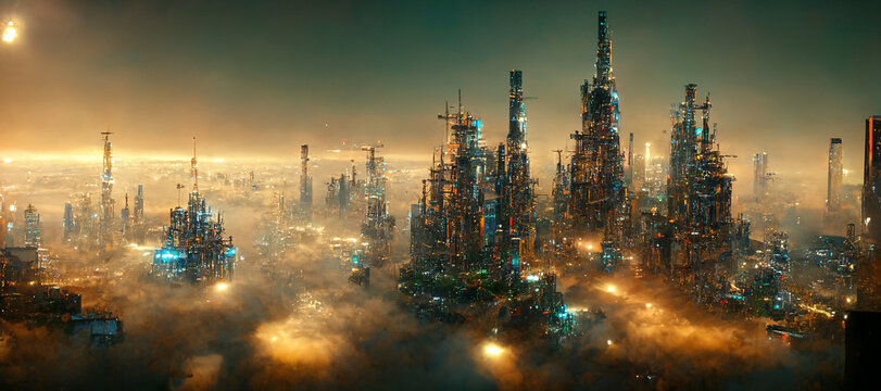 design of sunset in city with a steampunk theme   concept of future of steampunk , factory city abstract illustation design