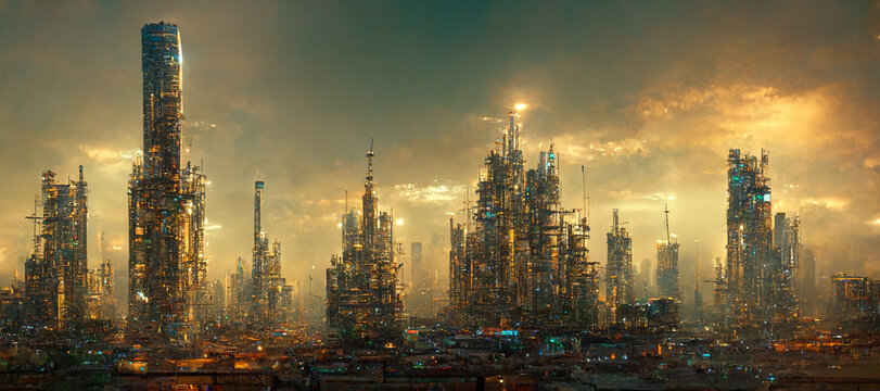 design of sunset in city with a steampunk theme   concept of future of steampunk , factory city abstract illustation design