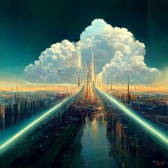 Fototapeta premium design of futuristic sky city , abstract tower architecture , illustation design , internet connect of line ,data transfer