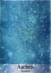 Christmas background, Chirstmas map of Aachen Germany, greeting card on blue background.