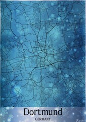 Christmas background, Chirstmas map of Dortmund Germany, greeting card on blue background.