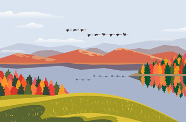 Autumn mountain lake valley vector landscape poster. Fall forest on mountains background. Bright day in autumnal calm lake cartoon illustration. Fall season wild nature outdoor hand drawn scenic view