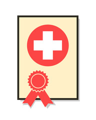 Diploma and certificate from medical school - official certification of education, studium and skill in medicine. Graduation and studying for doctor and medic. Vector illustration isolated.