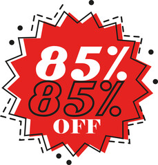 85% discount (eighty-five percent) art in red color with black dash and and white numbers