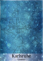 Christmas background, Chirstmas map of Karlsruhe Germany, greeting card on blue background.
