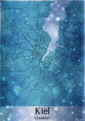 Christmas background, Chirstmas map of Kiel Germany, greeting card on blue background.