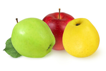 Red, green and yellow apples on an isolated white background.