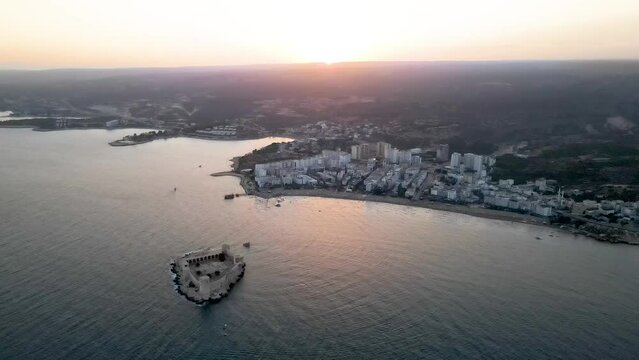 Aerial view of the maiden castle (Kiz Kalesi) in Mersin Turkey.