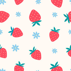 Seamless vector pattern with strawberries and flowers. Background with fruit. Pattern for textile, paper and wallpaper.