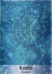 Christmas background, Chirstmas map of Koeln Germany, greeting card on blue background.