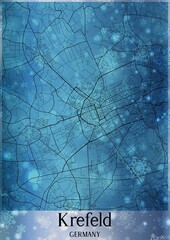 Christmas background, Chirstmas map of Krefeld Germany, greeting card on blue background.