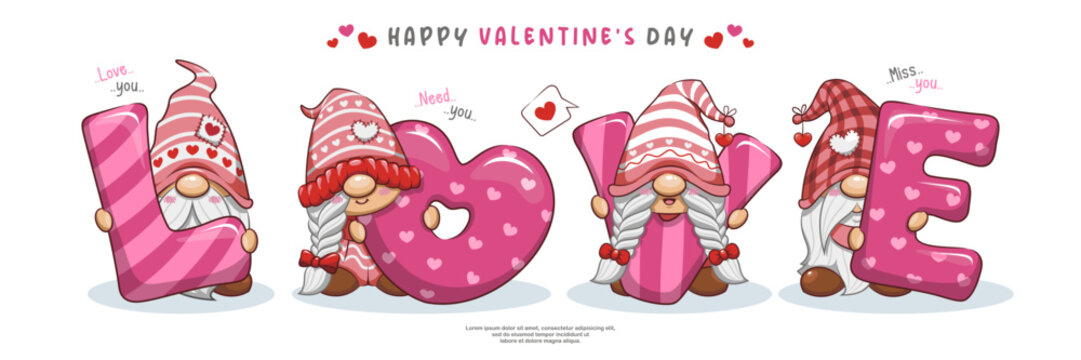 Cute Gnomes For Valentine Day, Funny Banner Design, And Cartoon Caracter
