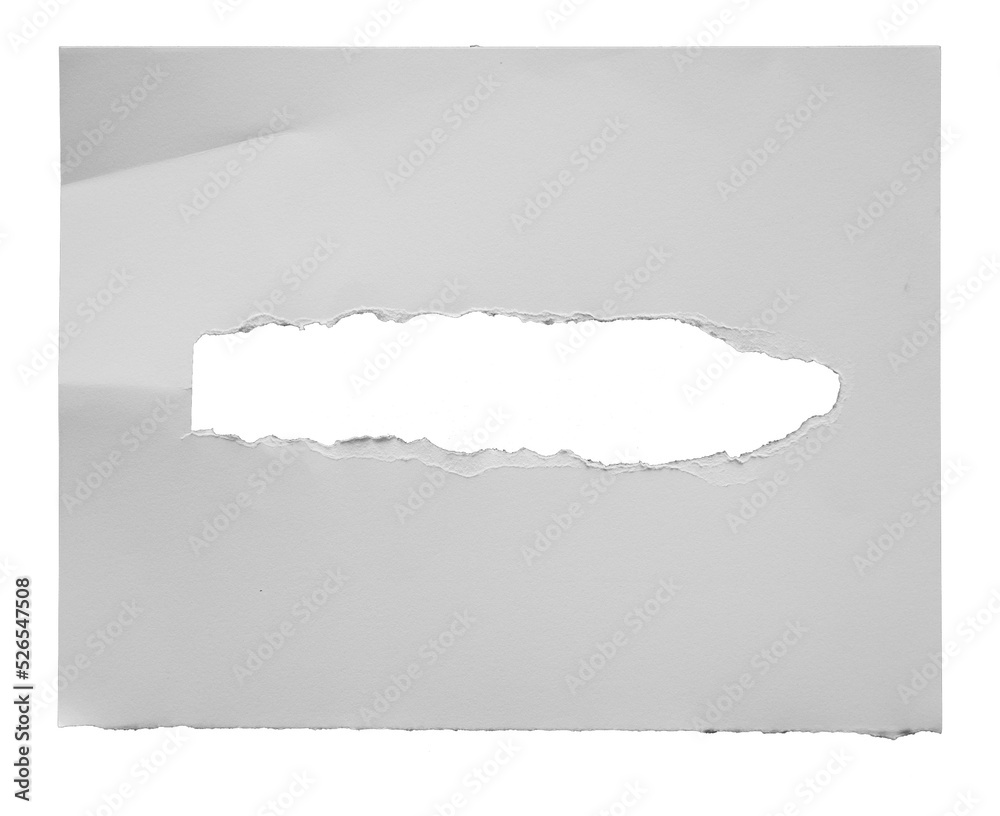 Poster torn paper with the curled ripped sides. a round black hole of torn on the white paper. realistic to
