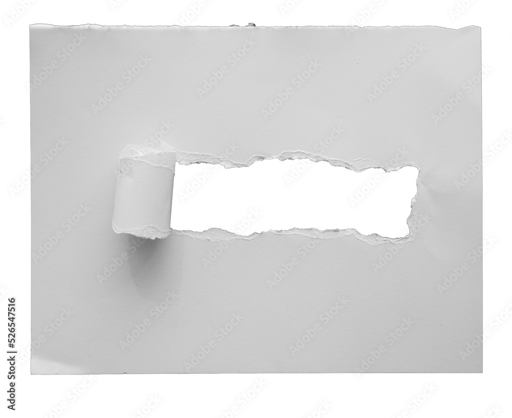 Poster torn paper with the curled ripped sides. a round black hole of torn on the white paper. realistic torn paper with the ripped edges for copy space and text.